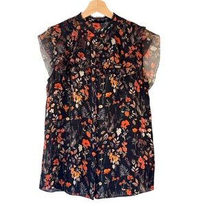 Elie Tahari 100%Silk Mala Flutter Cap Sleeve Black Orange Floral Blouse Sz Small